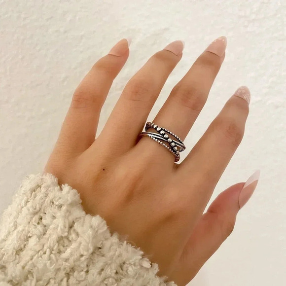 925 Sterling Silver Minimalist Twist Bead Ring Stackable Dainty Ring - Picture 2 of 5